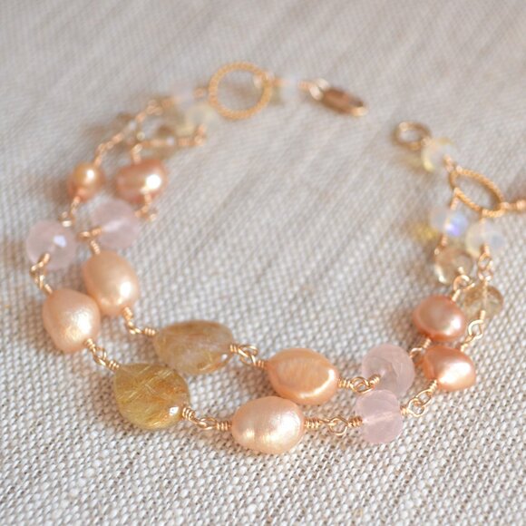 Gold Double Strand Bracelet with Golden Rutilated Quartz Made in Canada - Picture 6 of 9